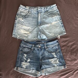 American Eagle Outfitters Women's Ripped Jean Shorts - Light Blue and Dark Blue